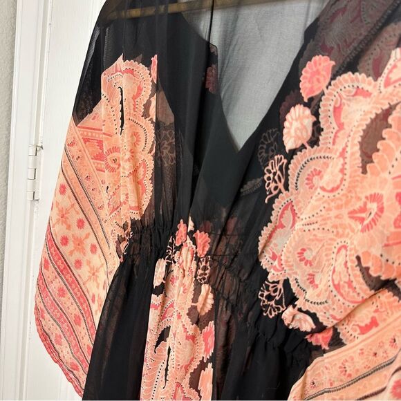 Y2K Tramp Pink Black Floral Paisley Kaftan Swim Coverup Tunic Sz S Coastal Boho - Picture 4 of 8